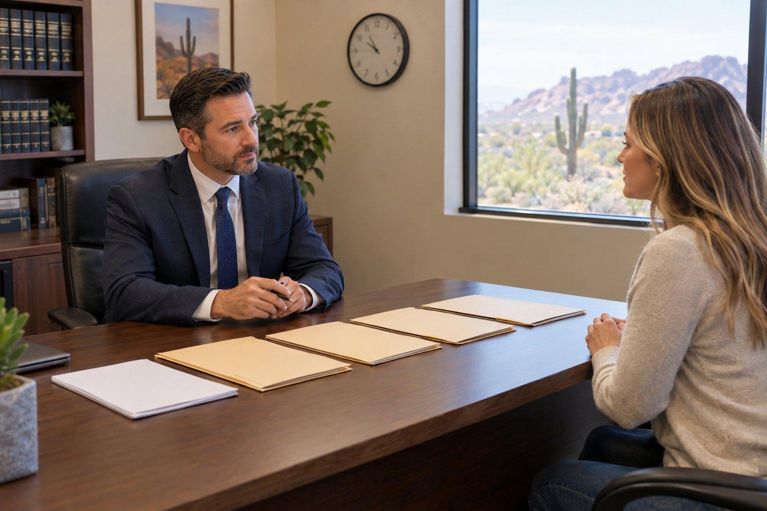 A person and an attorney review a folder in an Arizona courthouse corridor.