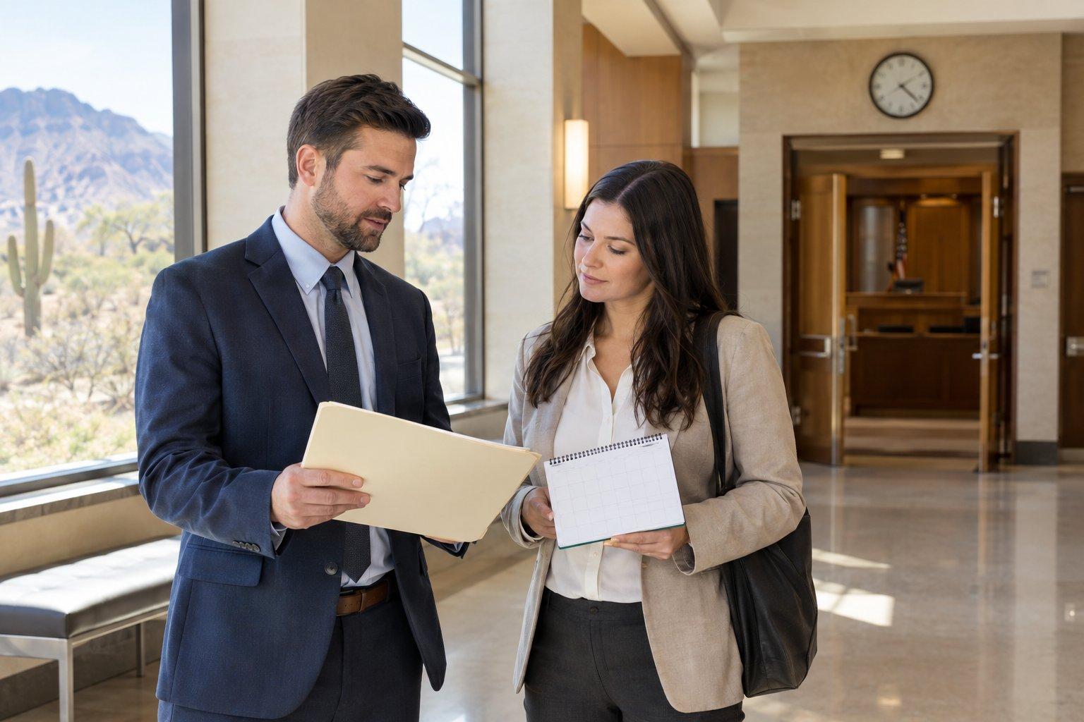 An attorney and client review case folders at a desk in an Arizona office.