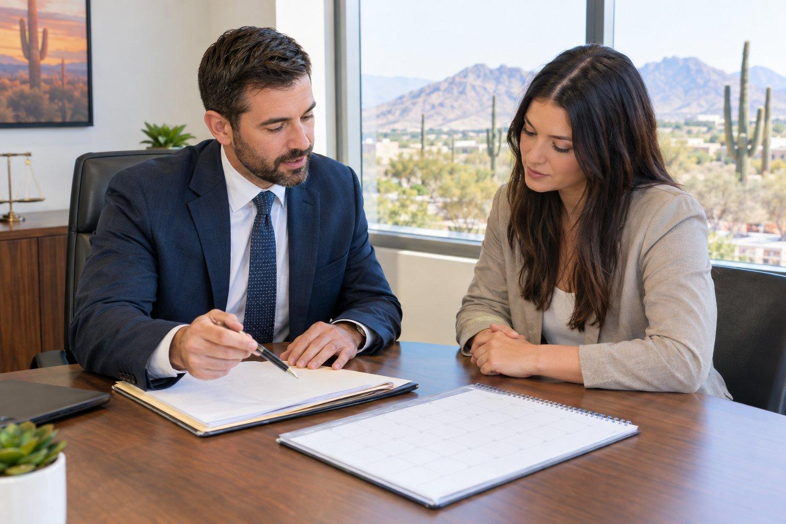 A lawyer and client review a case file in an Arizona courthouse corridor.