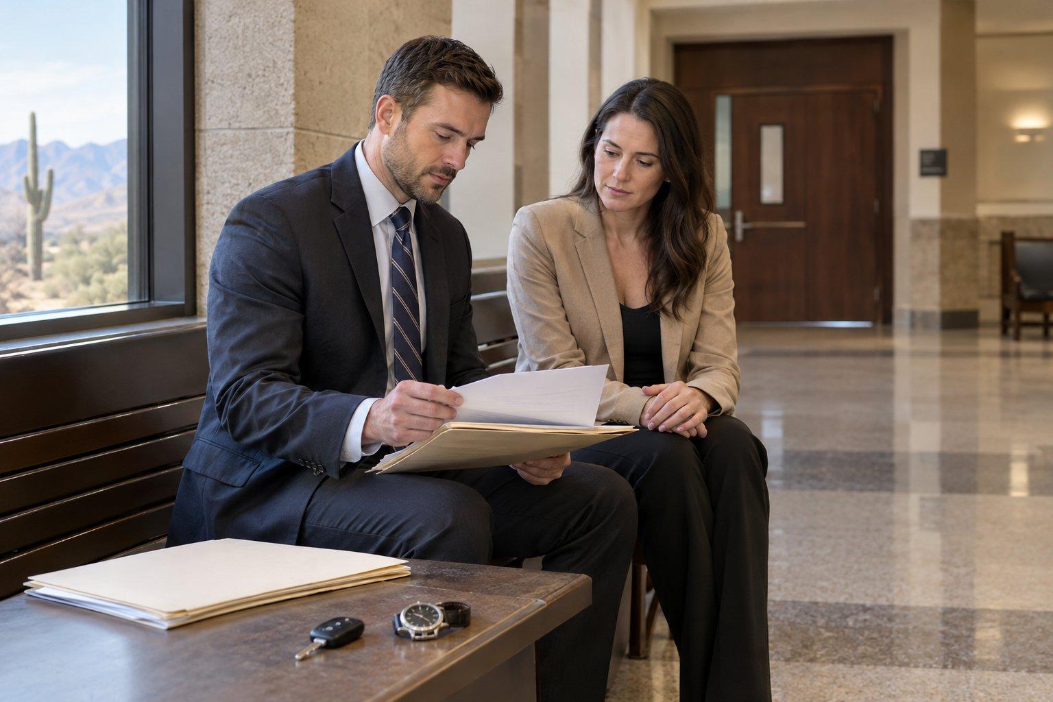 An attorney and client review case documents and a calendar in an office.